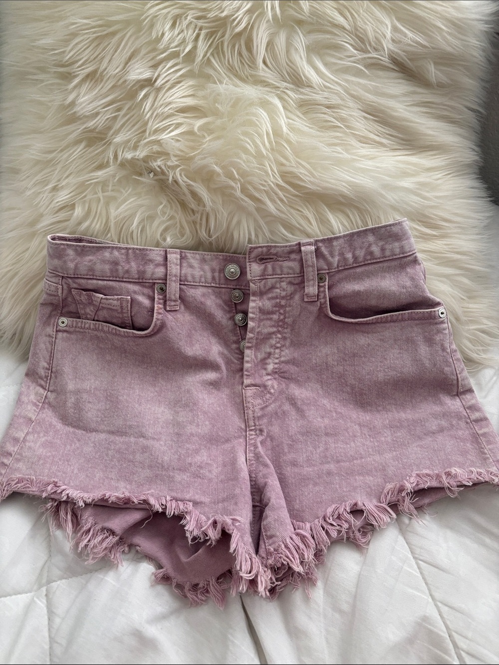 7 For All Mankind Mauve Frayed Hem Button-Fly Jean Shorts